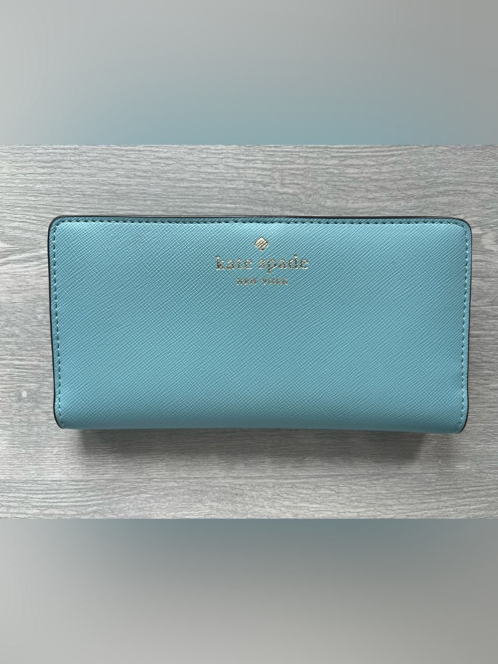 kate spade Turquoise Saffiano Leather Zip Wallet with Gold Logo